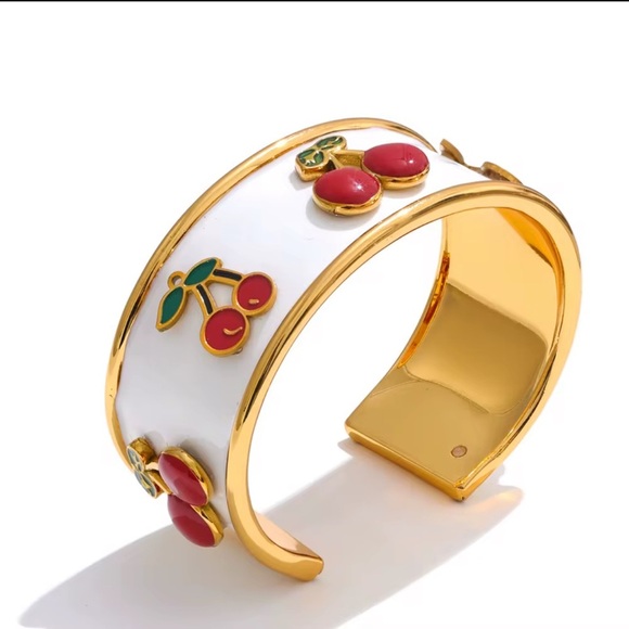 Cherry Enamel Gold Cuff Bracelet – PVD Gold Plated Stainless Steel - Picture 1 of 10